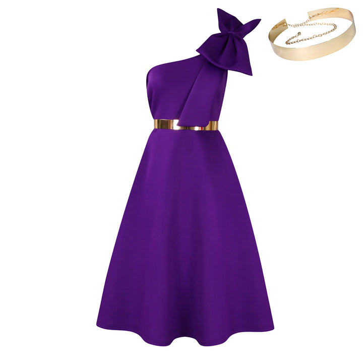 Damen schulterfreies Kleid mit stilvollem Halstuch und goldener Akzent Drune