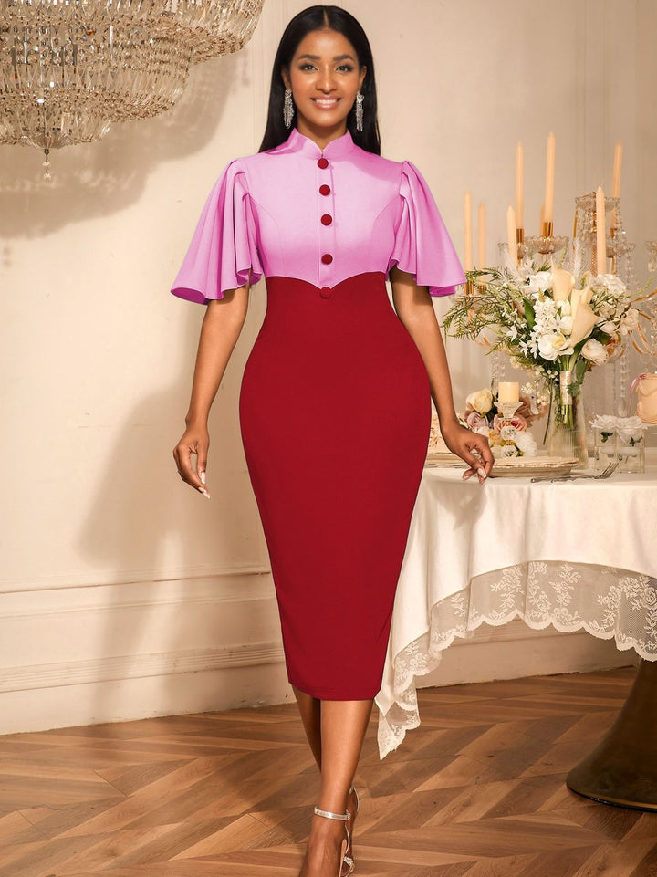 Damen figurbetontes Kleid mit eleganter Stehkragen und kunstvollen Puffärmeln Drune