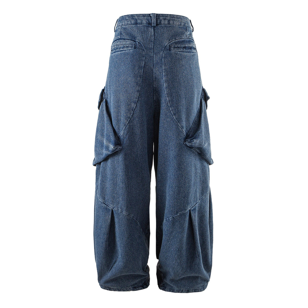Damen Weite Cargo-Jeanshose mit hoher Taille, markanten Teilnähten und dekorativen Taschen Drune
