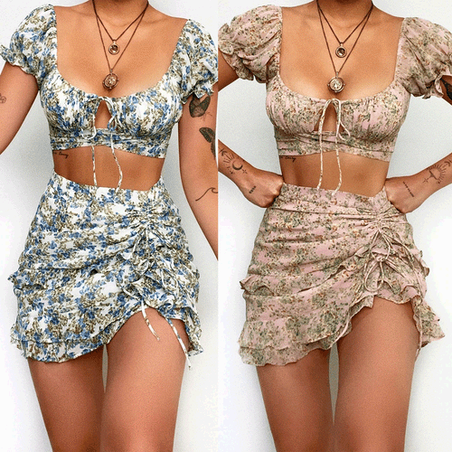Damen Crop Top und Mini Rock mit floralem Design Drune