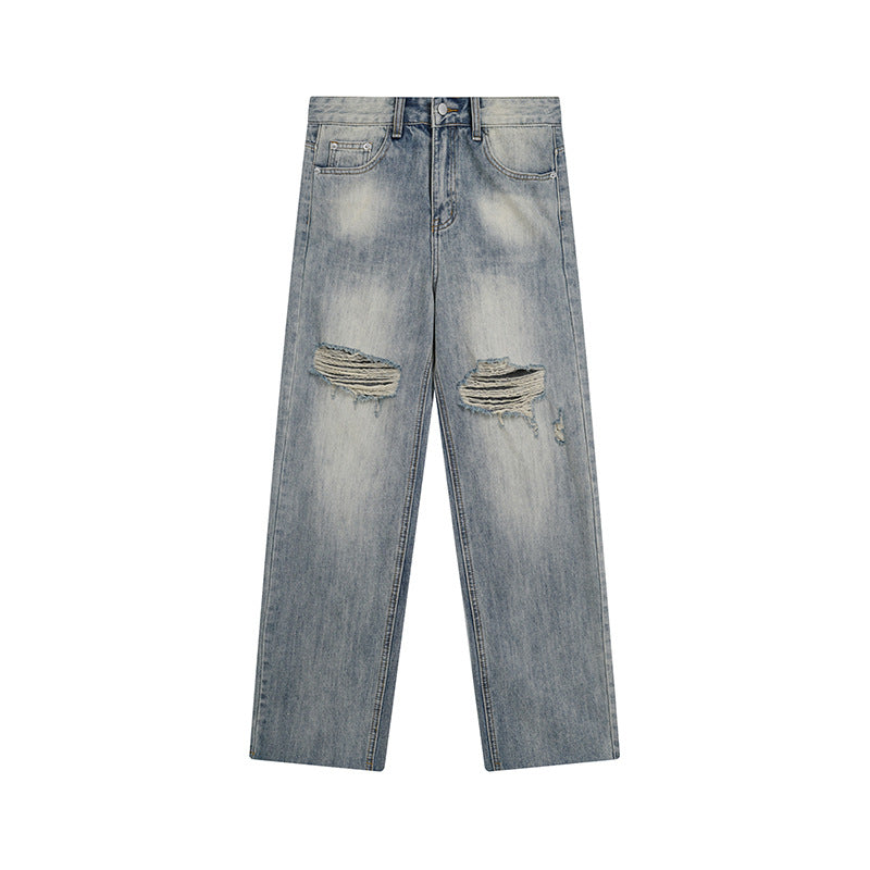 Damen Weite Destroyed-Jeans mit hoher Taille, geradem Bein und Knie-Rips Drune