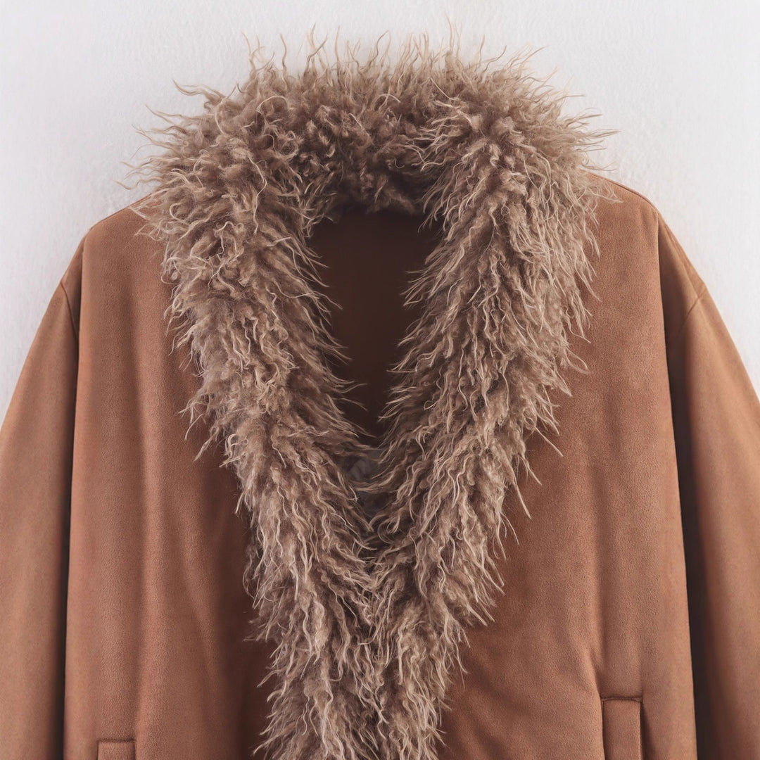 Damen kuschelige Wildlederjacke mit Fellkragen Drune