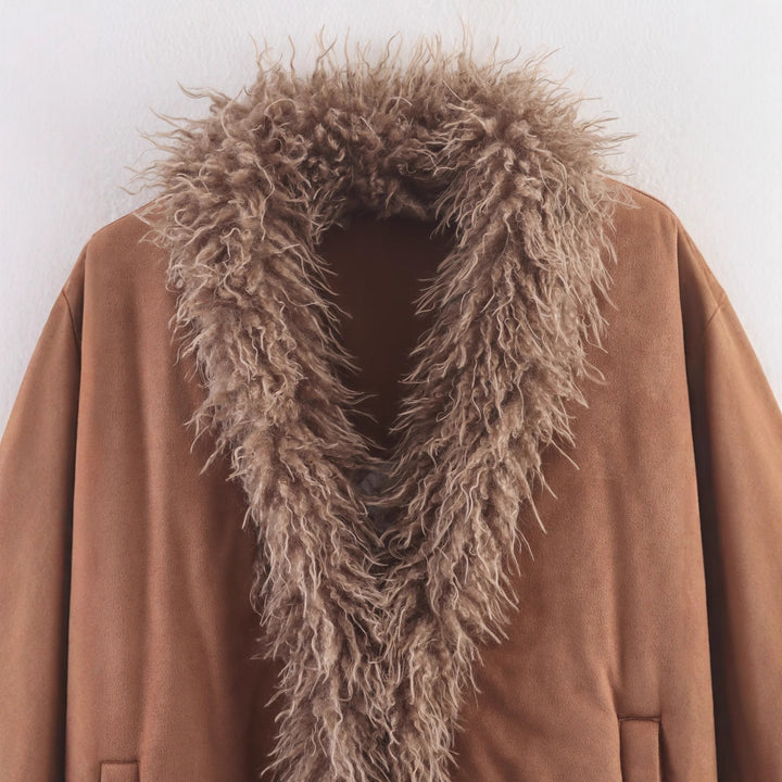 Damen kuschelige Wildlederjacke mit Fellkragen Drune