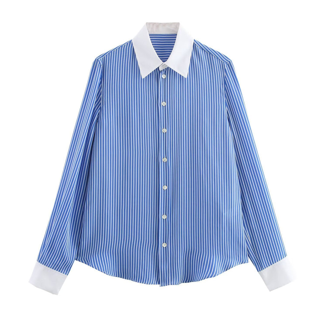 Drune | Modische Blau Weiß Gestreifte Revers Vielseitige Bluse