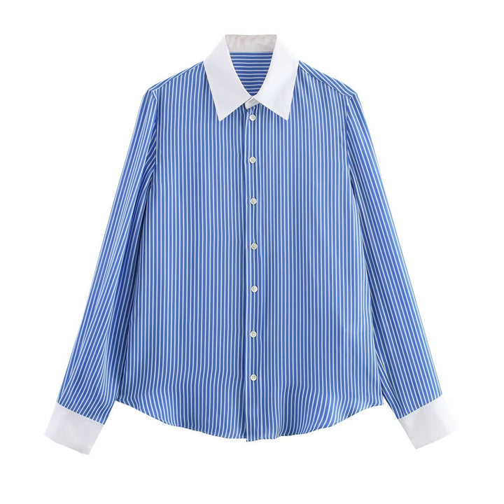 Drune | Modische Blau Weiß Gestreifte Revers Vielseitige Bluse