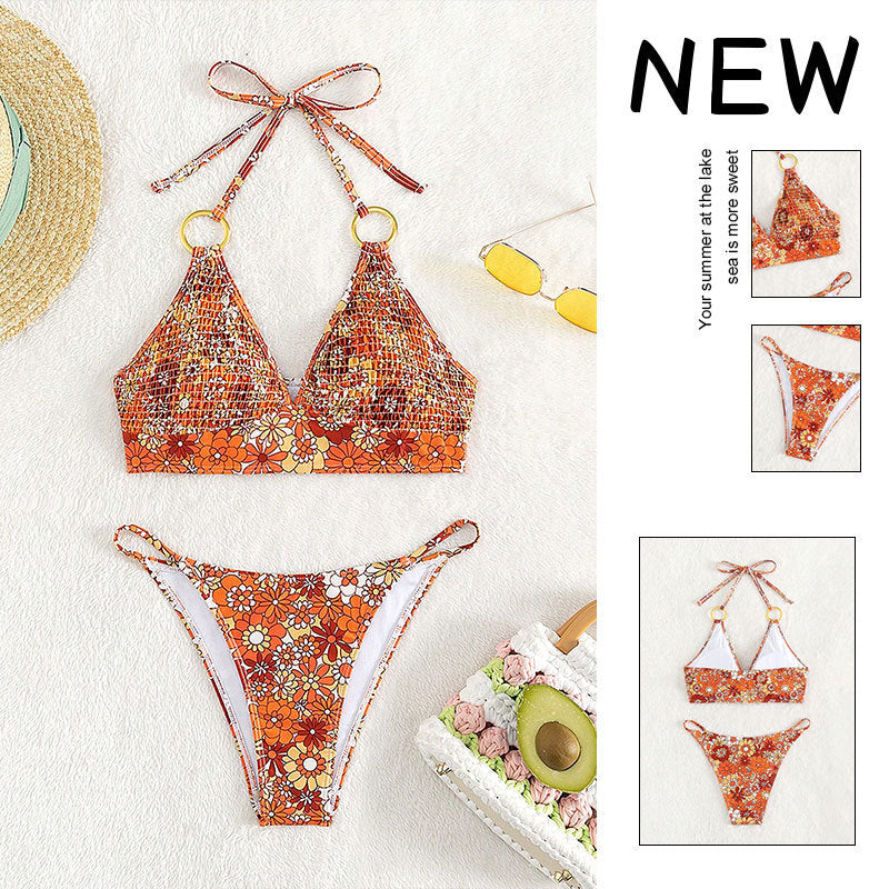 Damen Triangel-Bikini mit modischem Blütenmuster und eleganten Ringdetails Drune