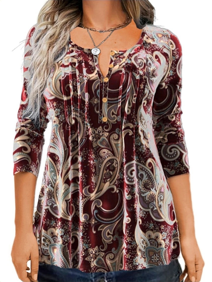 Damen Paisley Tunika mit 3/4 Ärmeln, Falten und Knopfblende Drune