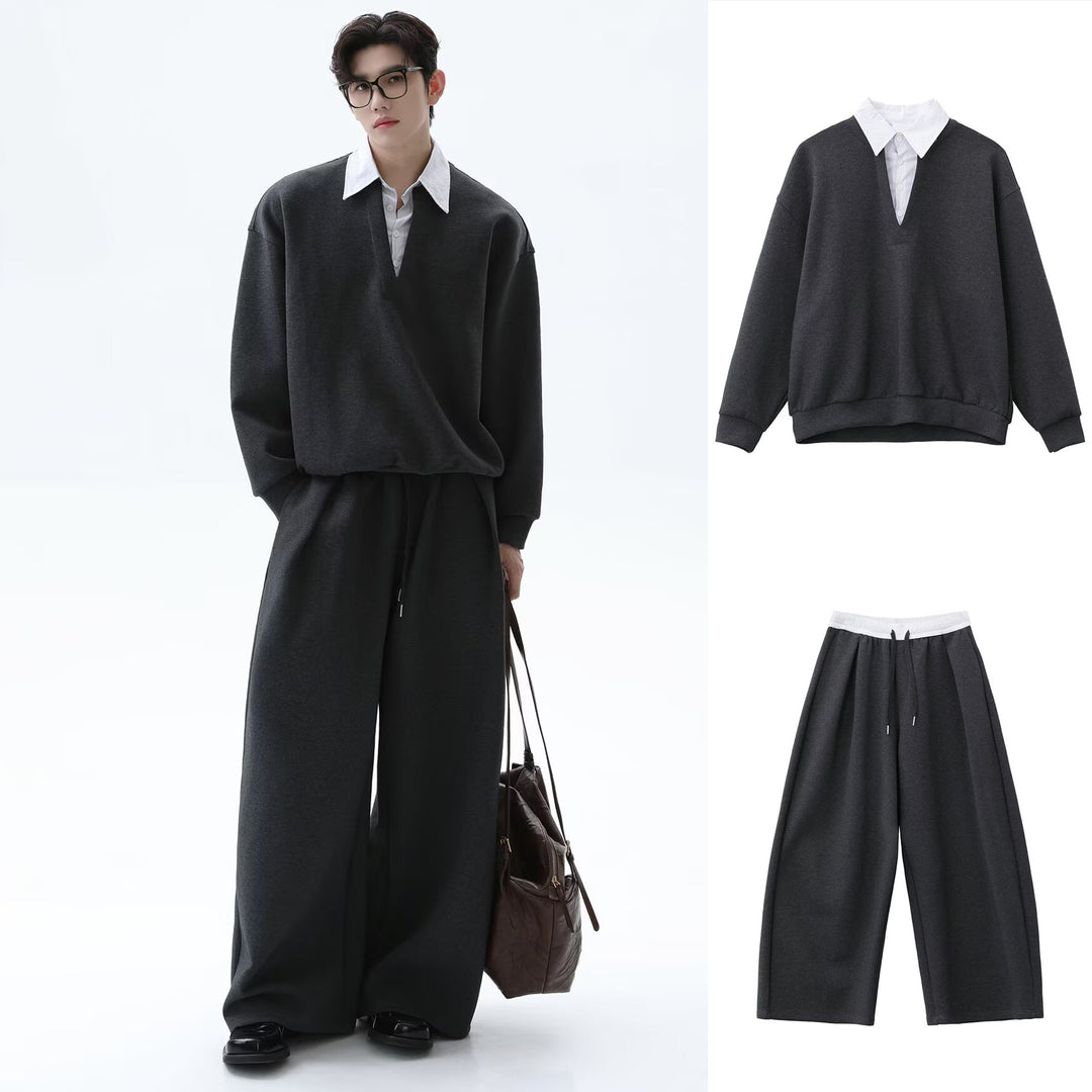 Herren Lässiger Oversized Pullover mit V-Ausschnitt und weiten Hosen Drune