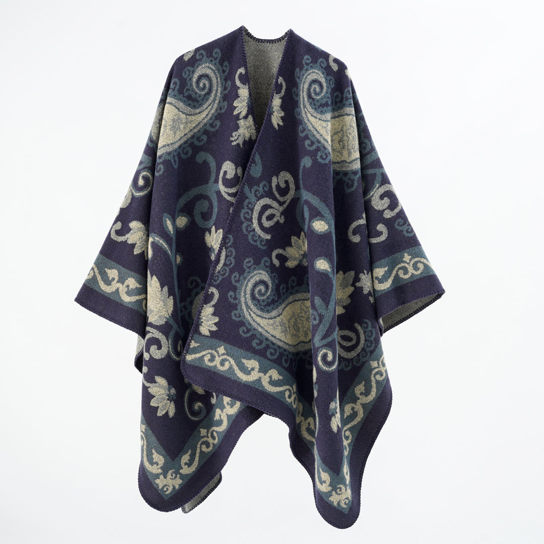 Damen Jacquard-Wollmix-Poncho mit Paisley‑Jacquard und offenem Kimono‑Fall Drune