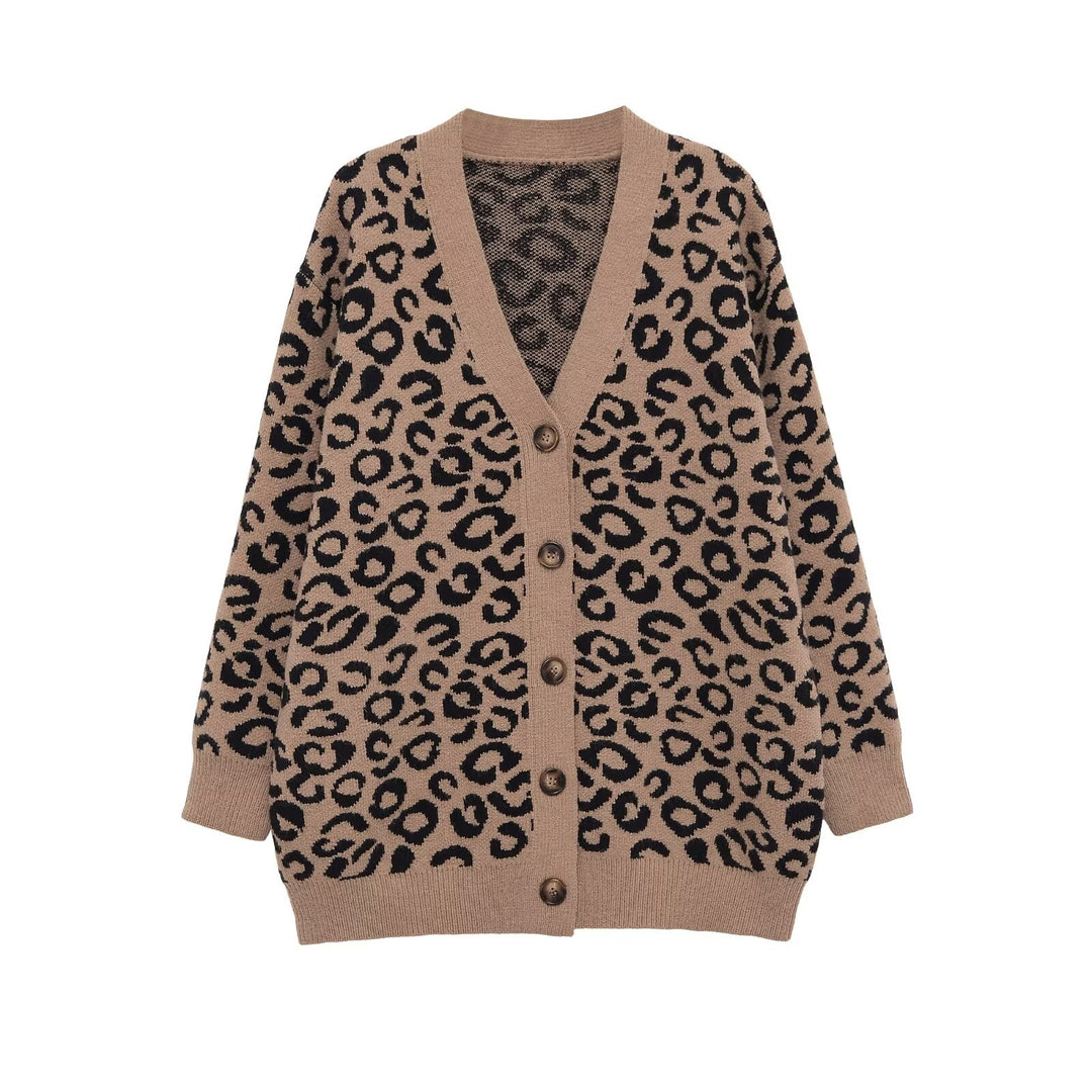 Damen Oversize-Strickcardigan mit Leoprint, V‑Ausschnitt und Knopfleiste Drune