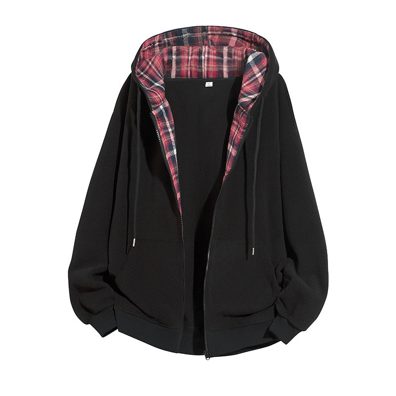 Herren Oversize-Kapuzenjacke mit kariert gefütterter Innenseite, Reißverschluss und Kängurutaschen Drune