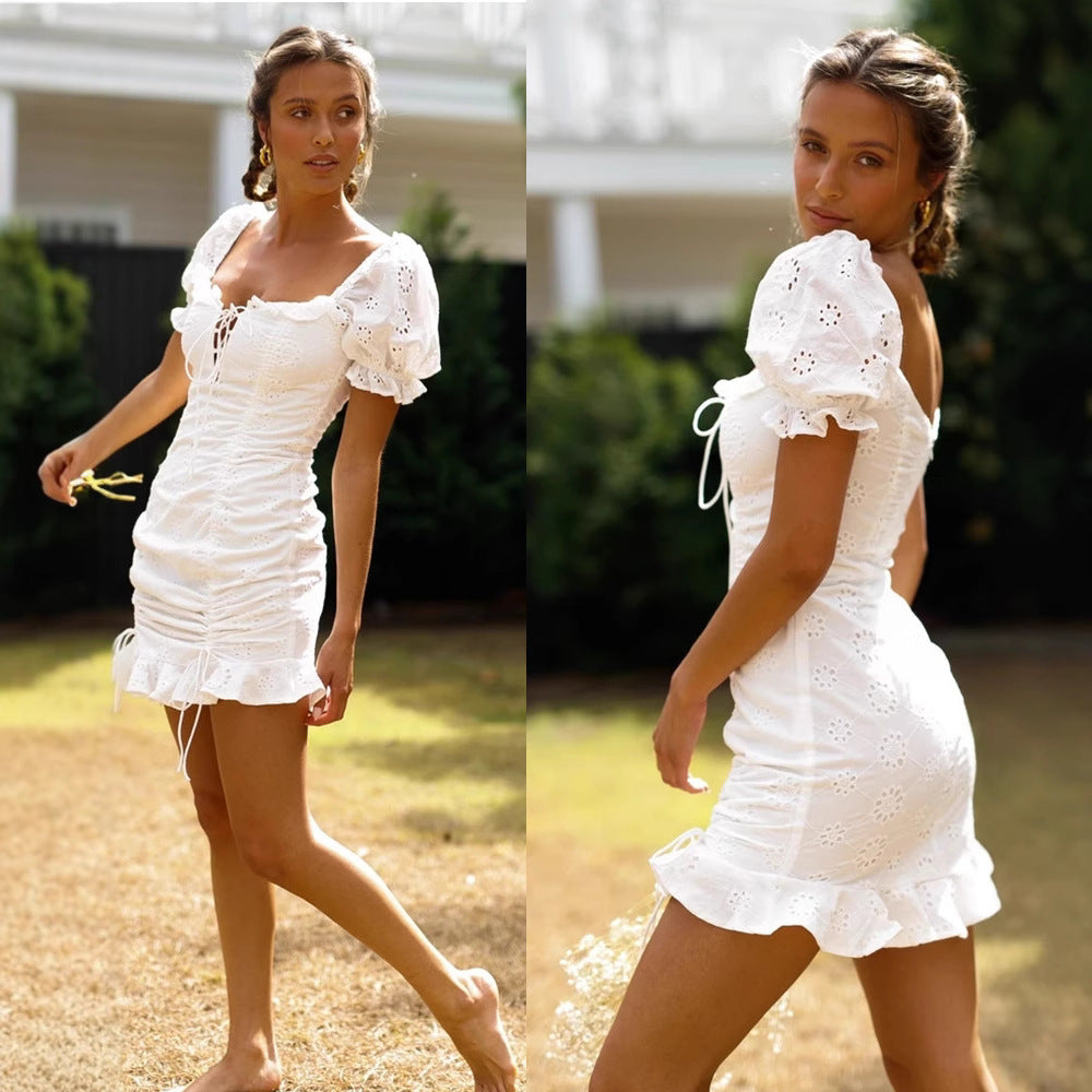 Damen romantisches Spitzenkleid mit Rüschendetails Drune