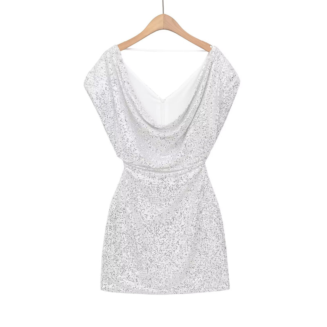 Damen kurzärmeliges Abendkleid mit schimmerndem Paillettenbesatz Drune