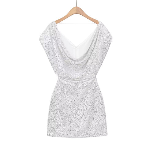 Damen kurzärmeliges Abendkleid mit schimmerndem Paillettenbesatz Drune