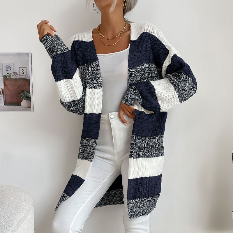 Damen Langer Oversize-Strickcardigan mit Blockstreifen und offener Front Drune