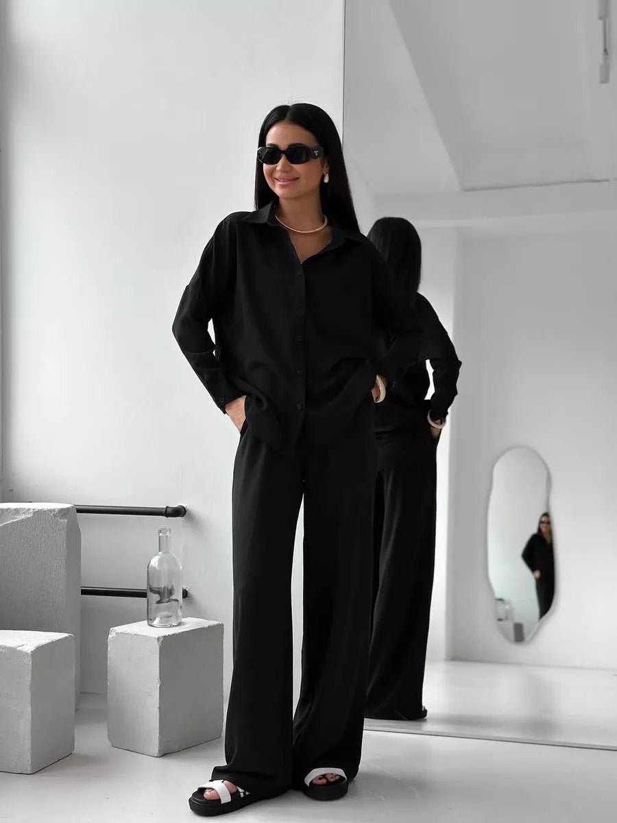 Damen Zweiteiliges Lounge-Set Oversize-Bluse mit Brusttasche und weiter Palazzo-Hose Drune