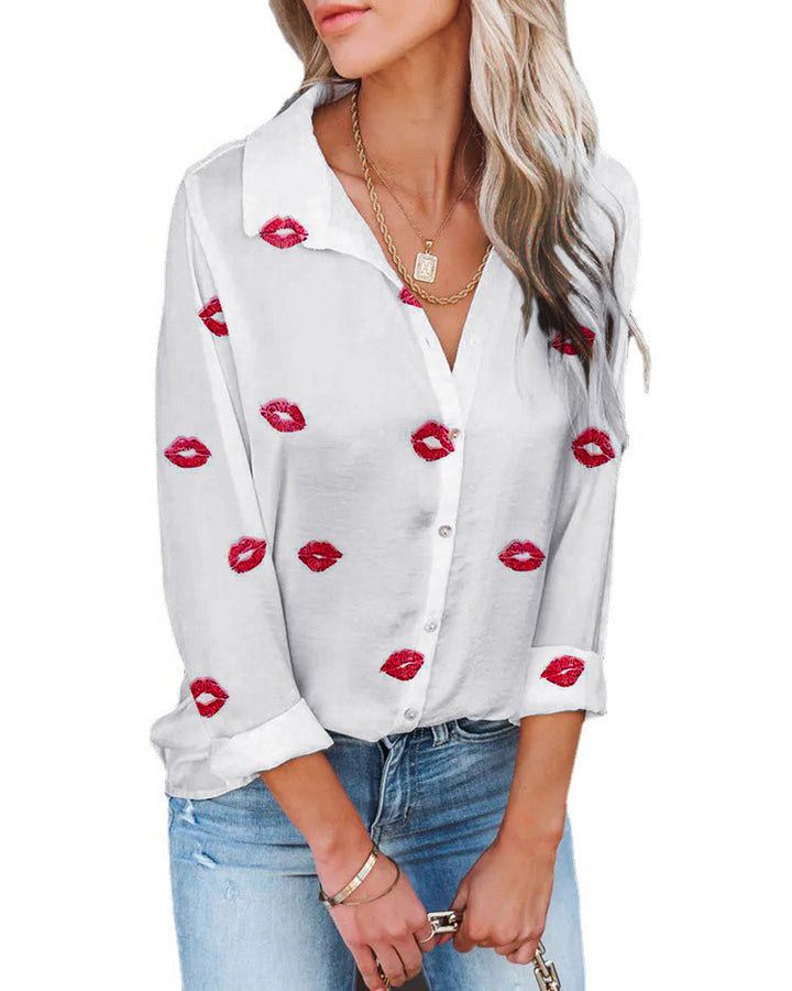 Damen Bluse mit romantischem Lippenmotiv und lässigem Schnitt Drune