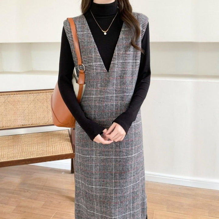 Damen Maxikleid im modernen Karomuster und elegantem V-Ausschnitt Drune