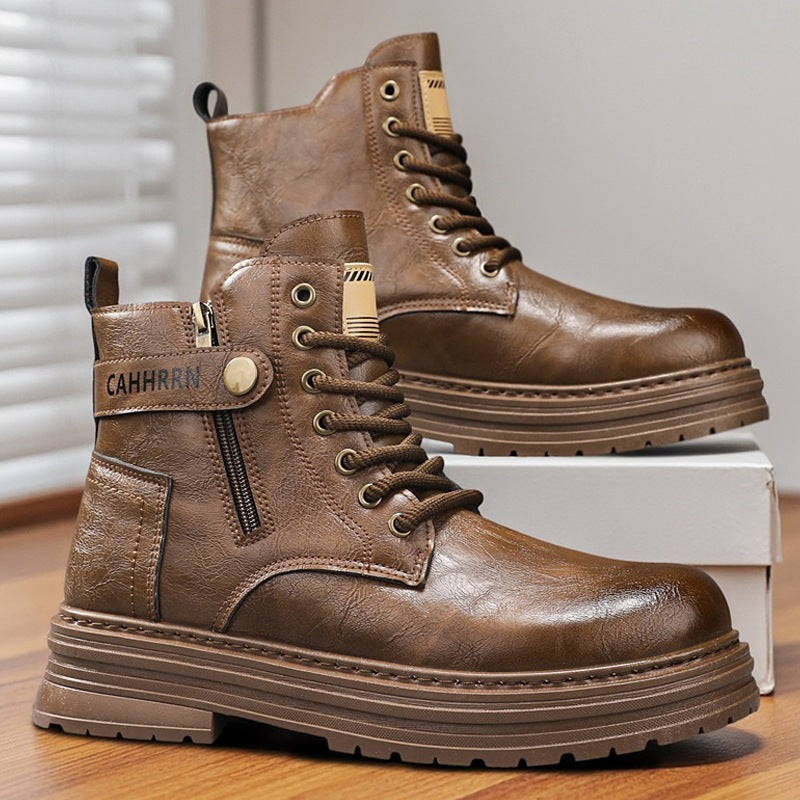 Herren robuste Lederoptik Combat-Boots mit seitlichem Reißverschluss und gepolsterter Plateausohle Drune