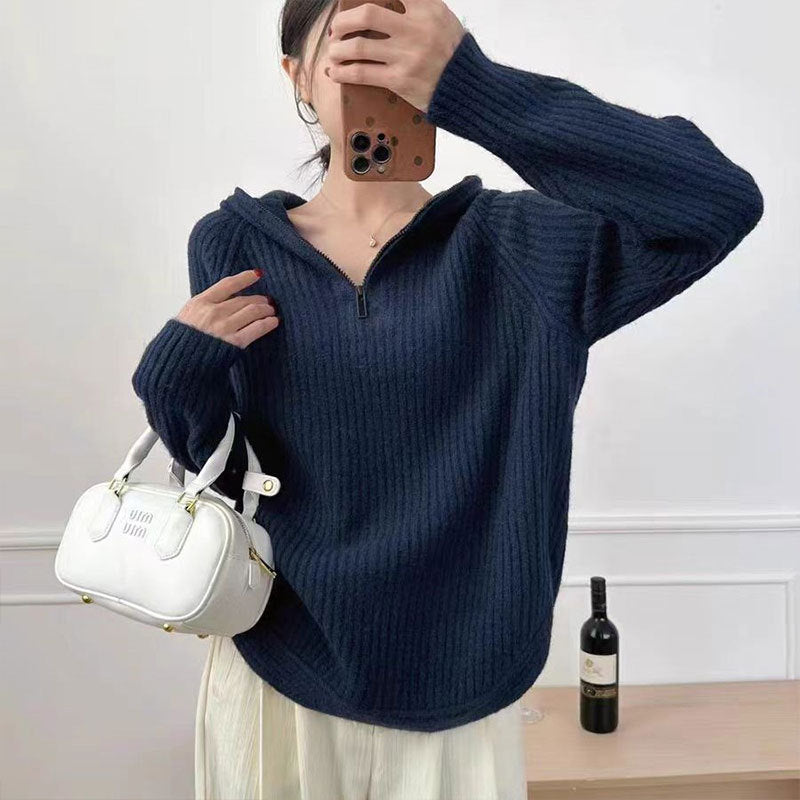 Damen lässiger Strickpullover mit hochgezogenem Kragen und Reißverschluss Drune