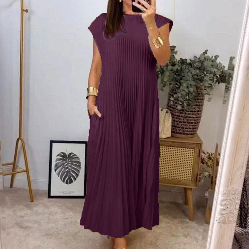 Damen Elegantes plissiertes Maxikleid mit praktischen Taschen Drune