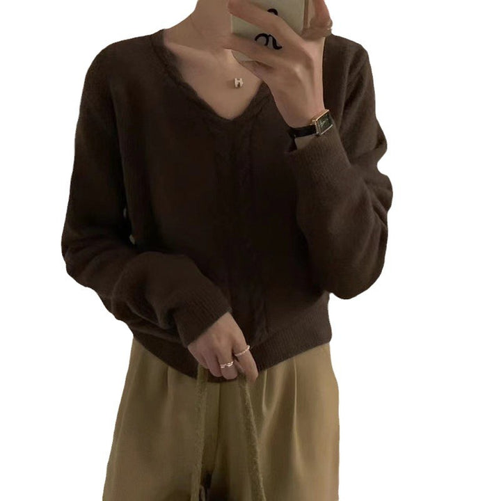 Damen Strickpullover mit V-Ausschnitt und Zopfmuster Drune