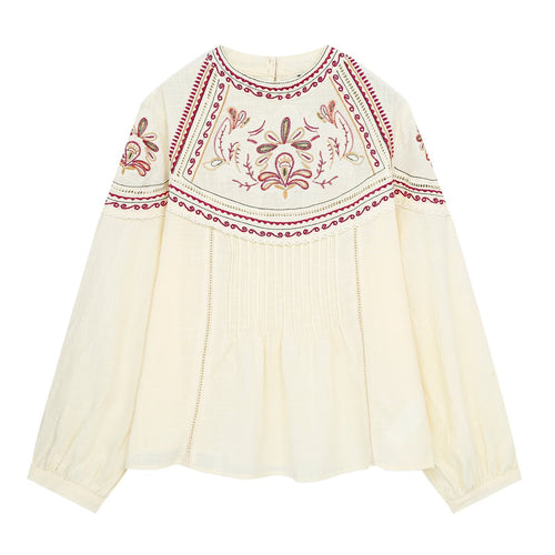 Damen Bestickte Boho-Bluse mit Rundhals, Kellerfalten und Spitzen‑Yoke Drune