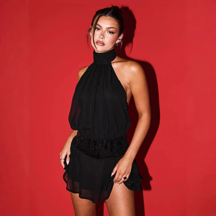Damen Neckholder Minikleid mit glitzerndem Taillenband und voluminösen Rüschendetails Drune