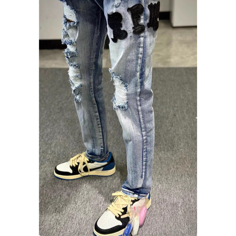 Herren Modische Ripped Denim Jeans mit kreativem Schnitt Drune