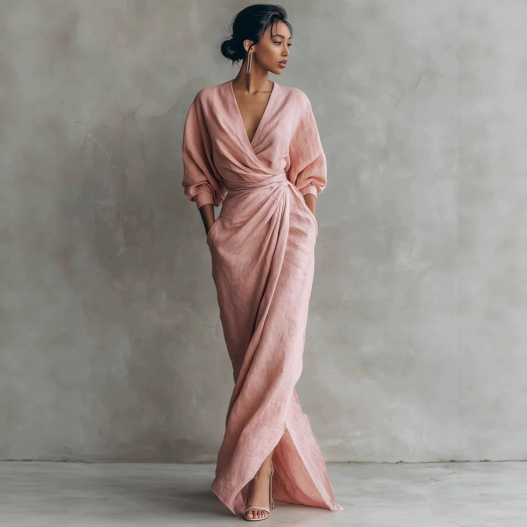 Damen Wickel-Maxikleid aus Leinenmix mit tiefem V-Ausschnitt und Ballonärmeln Drune