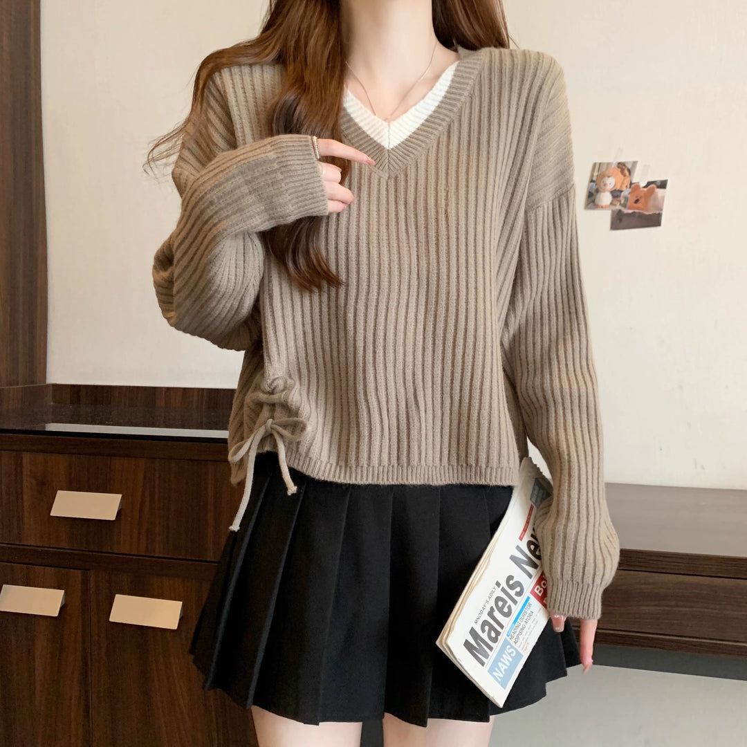 Damen lässiger V-Ausschnitt Pullover mit Rippstruktur und modischen Seitenschnüren Drune