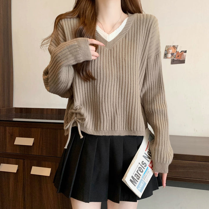 Damen lässiger V-Ausschnitt Pullover mit Rippstruktur und modischen Seitenschnüren Drune