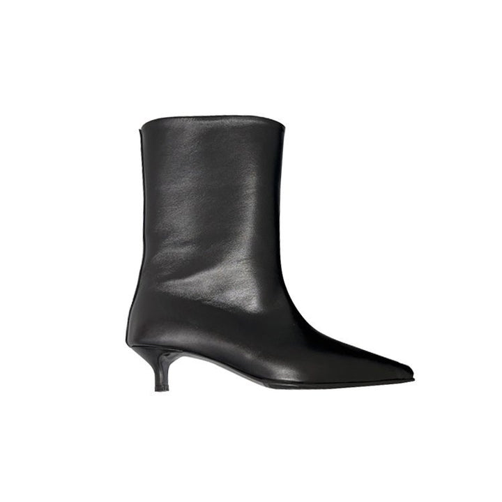Damen Wadenhohe schlanke Stiefeletten mit spitzer Zehenpartie und niedrigem Kitten‑Absatz Drune