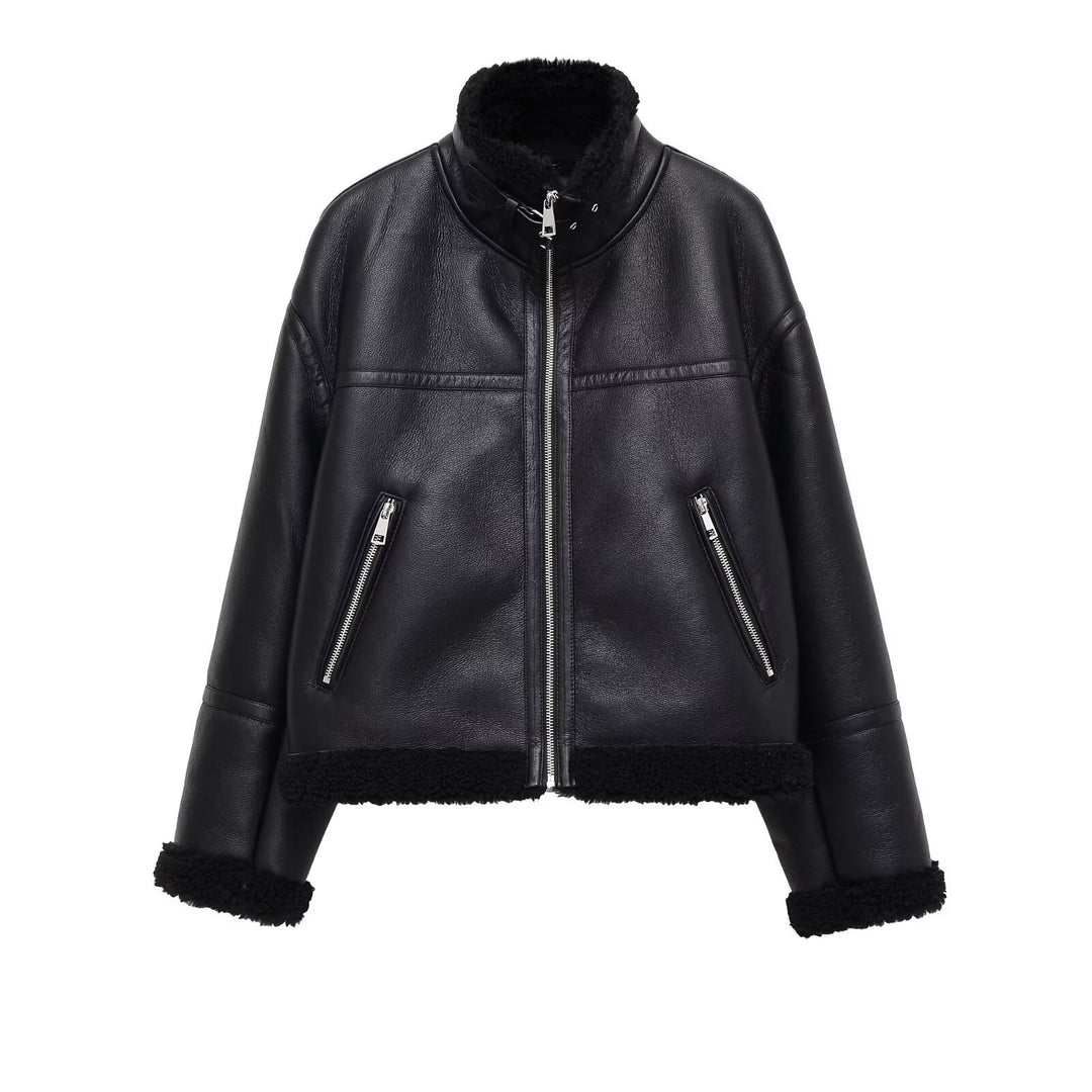 Damen Oversize-Fliegerjacke aus Kunstleder mit Teddyfutter und Stehkragen Drune
