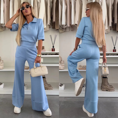 Damen figurnahes Cropped-Poloshirt und hochgeschnittene Wide‑Leg Hose Zweiteiler aus weichem Scuba-Jersey Drune