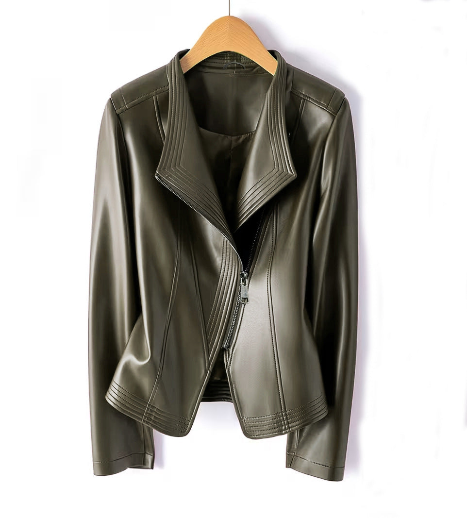 Damen Modische Kunstlederjacke mit asymmetrischem Reißverschluss Drune