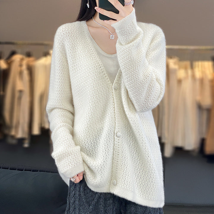 Damen Offener Ajour-Strickcardigan mit dezentem Flauschfinish und kastiger Oversize-Silhouette Drune