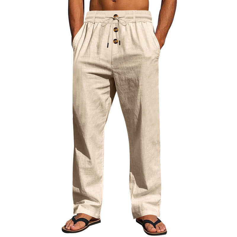 Herren Bequeme Leinenhose mit elastischem Bund und Knopfdetails Drune