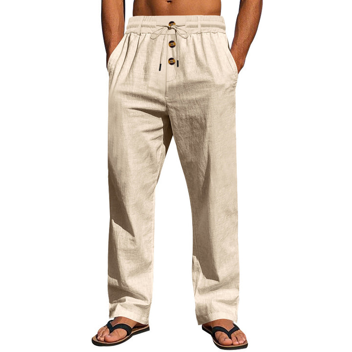 Herren Bequeme Leinenhose mit elastischem Bund und Knopfdetails Drune