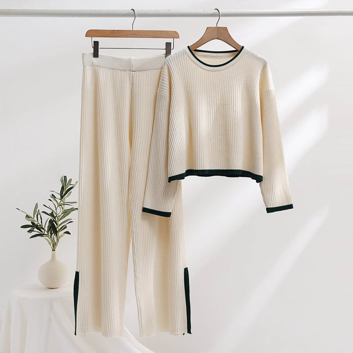 Damen lässiges Strickensemble mit hohem Bund und kontrastierenden Bündchen Drune
