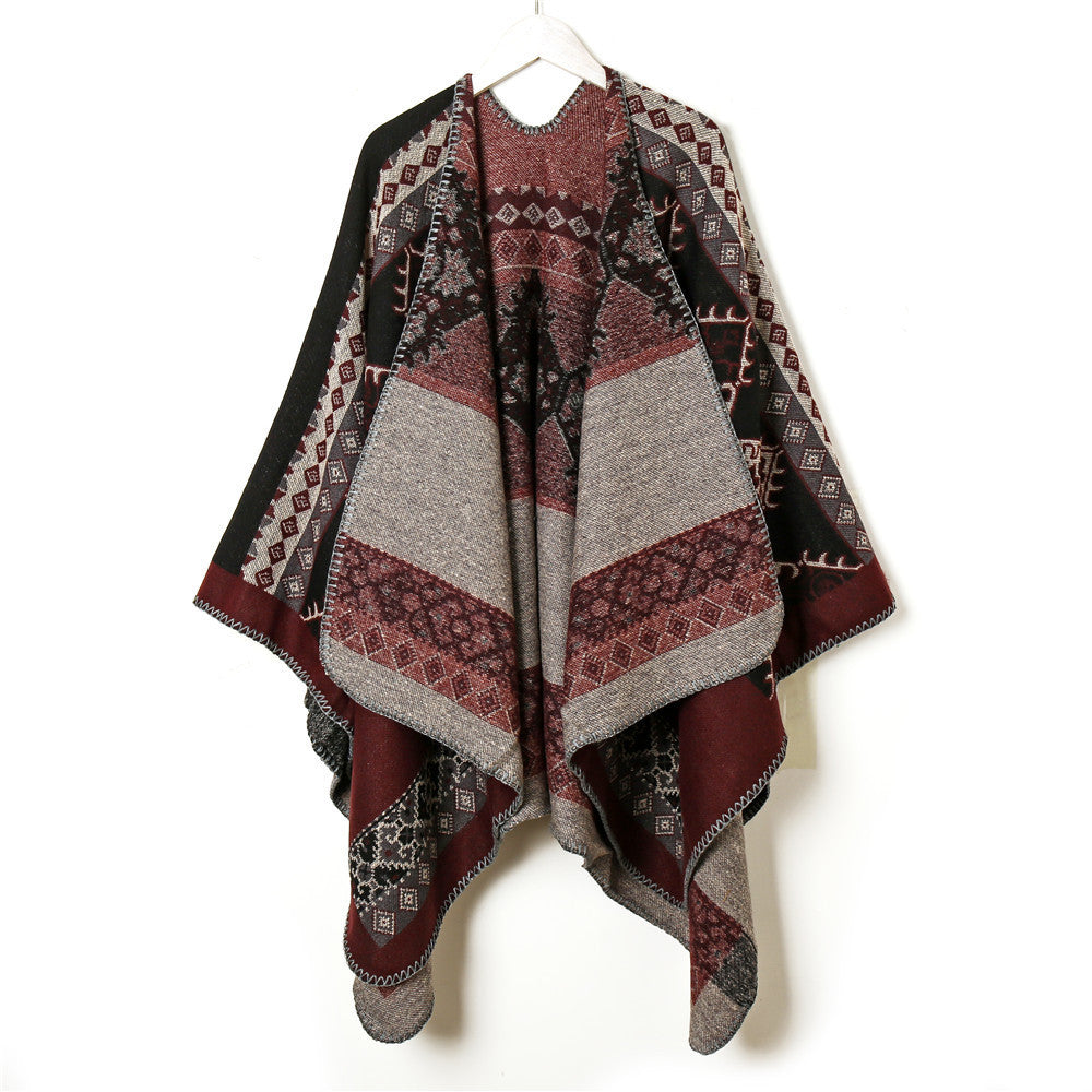 Damen Wollmix-Jacquard-Capeponcho im Ethno-Look mit dekorativer Ziernaht Drune