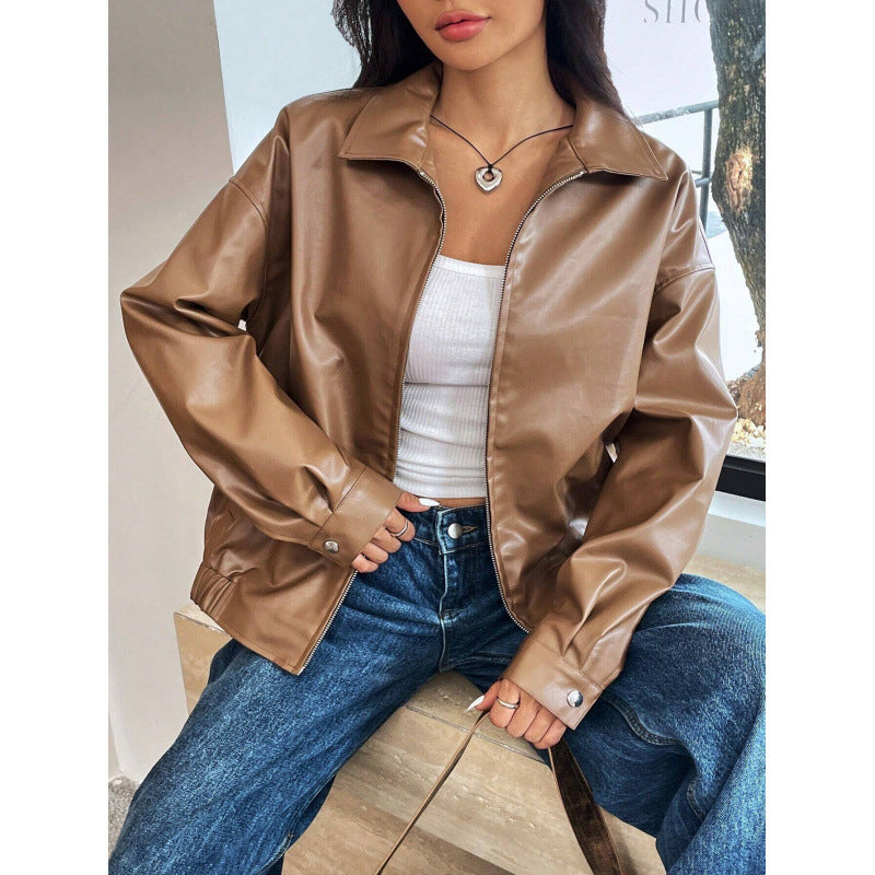 Damen Oversized Kunstleder-Blouson mit Reißverschluss und Hemdkragen Drune