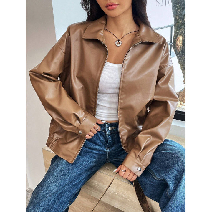 Damen Oversized Kunstleder-Blouson mit Reißverschluss und Hemdkragen Drune