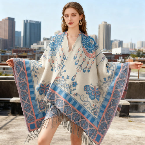 Damen Jacquard‑Gewebter Fransenponcho im Tapisserie‑Look Drune
