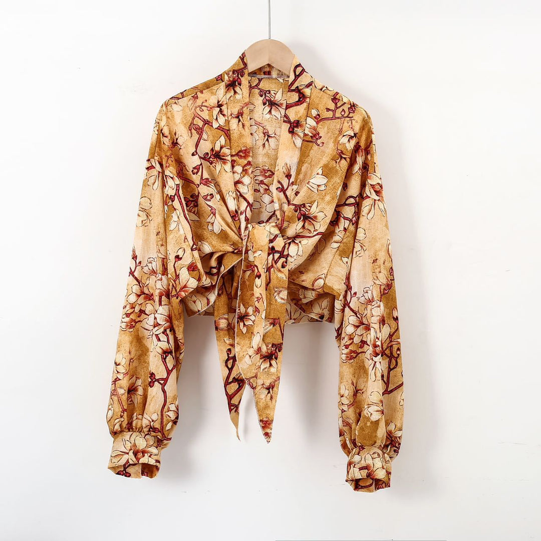 Damen nan florale Knoten-Bluse im Wickelstil mit Ballonärmeln und leichter Leinenoptik Drune