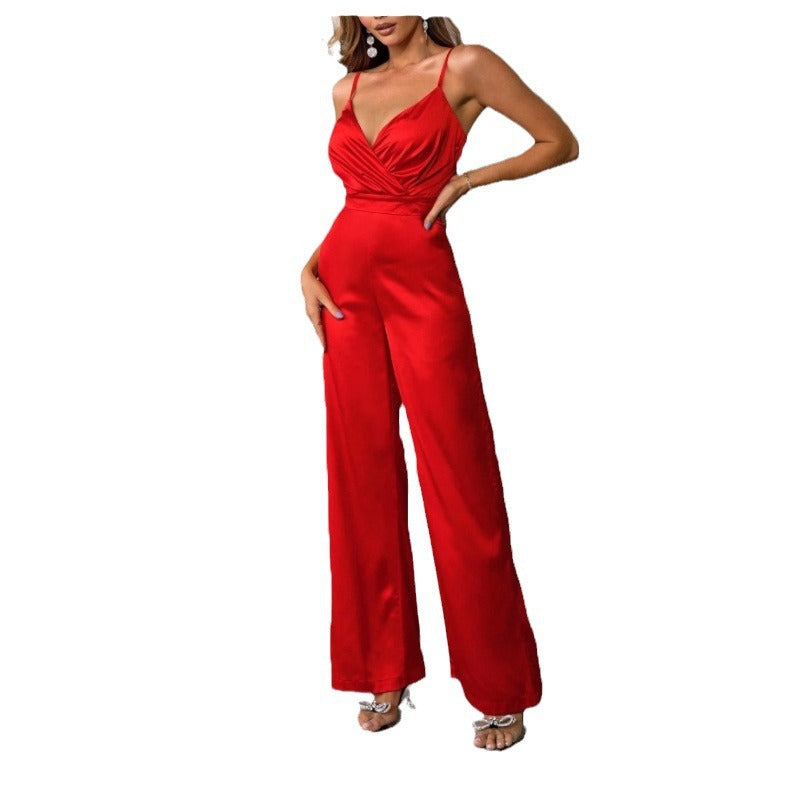 Damen Eleganter Jumpsuit mit Wickeloberteil und langen, geraden Beinen Drune