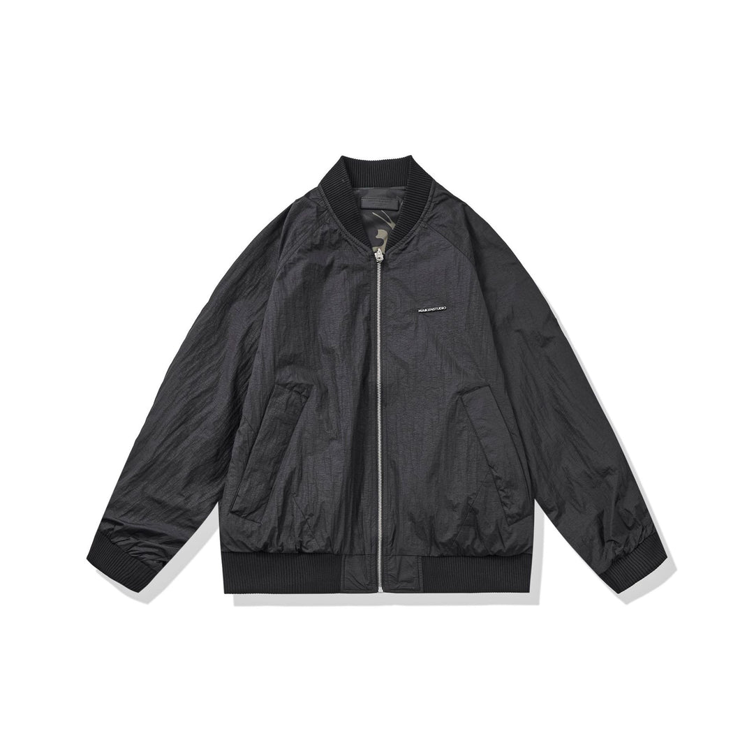 Unisex Leichtgewichtige Boxy‑Bomberjacke aus Nylon mit geripptem Kragen und Pattentaschen Drune