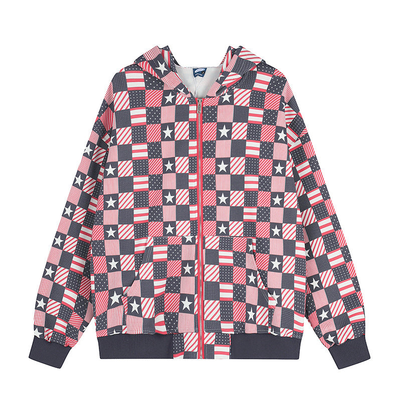 Damen Zip-Kapuzenjacke mit Allover-Patchwork-Sternen- und Streifenmuster Drune