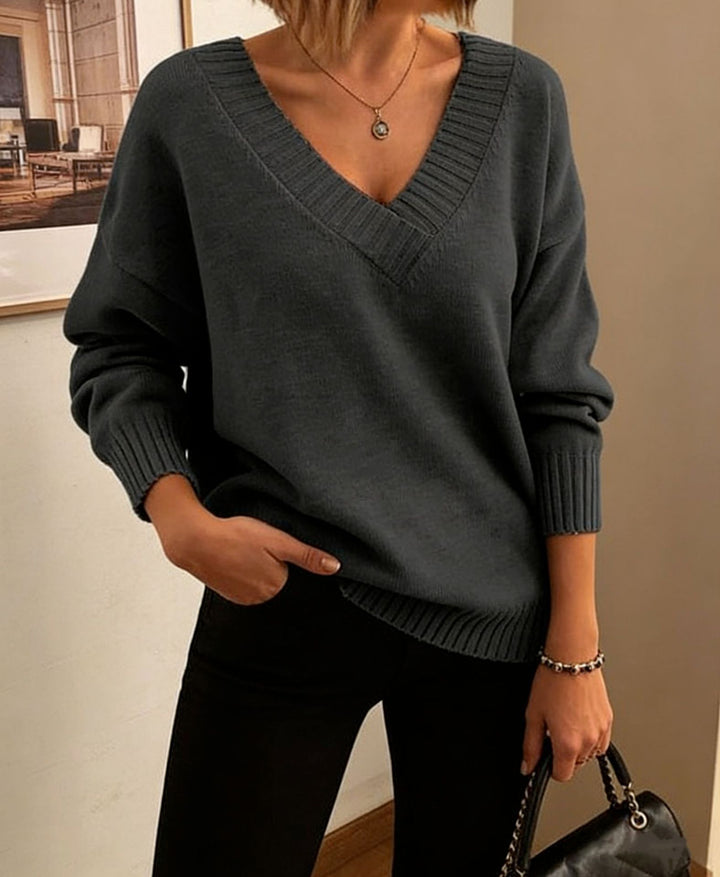 Damen Feinstrickpullover mit tiefem V-Ausschnitt und überschnittener Schulter Drune