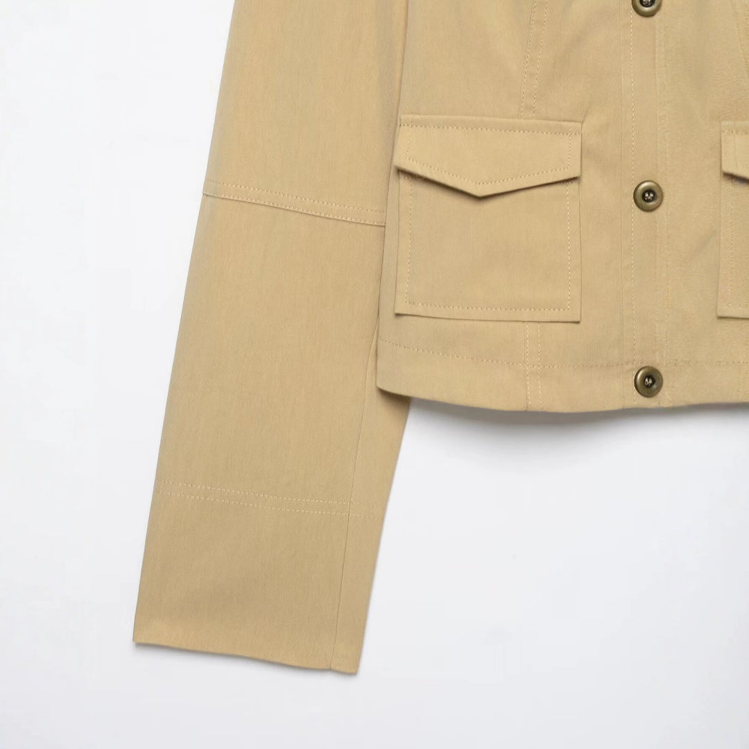 Damen Kurzer doppeltreihiger Utility-Blouson mit hohem Stehkragen und aufgesetzten Klappentaschen Drune
